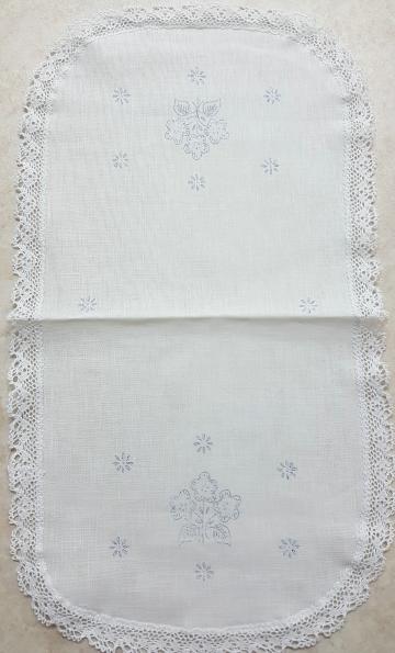 Stamped Embroidered Tablerunner with flowers on white linen. Size: 10" x 18"/25.4 cm x 45.7 cm